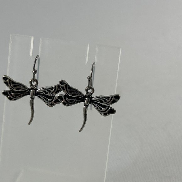 Silver Tone Dragon Fly Dangle Earrings Textured Nature Hooks 1" - Picture 3 of 7